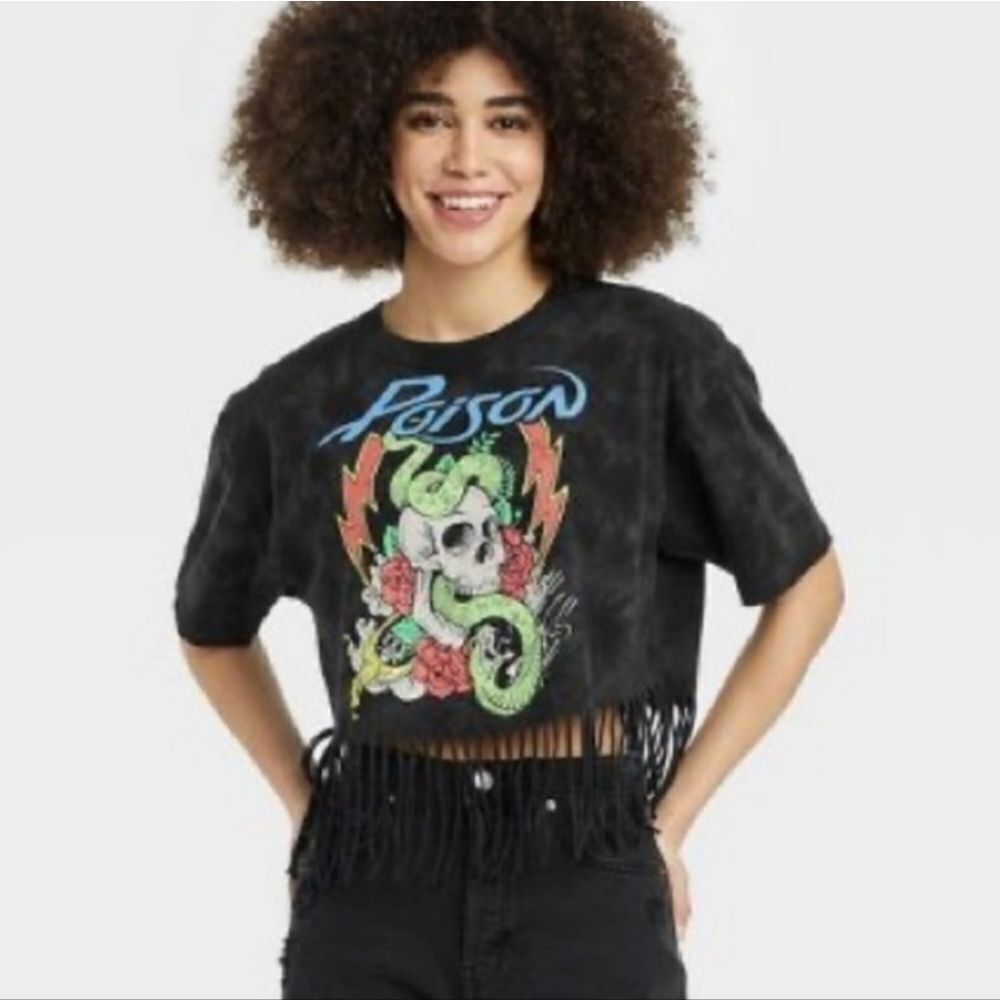 Poison Black Tie Dye Cropped Fringe Band Tee Size XS